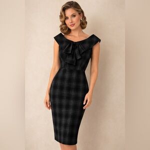 Stop Staring Size Small Black Plaid Blue/black Bow-Accent Sheath Dress